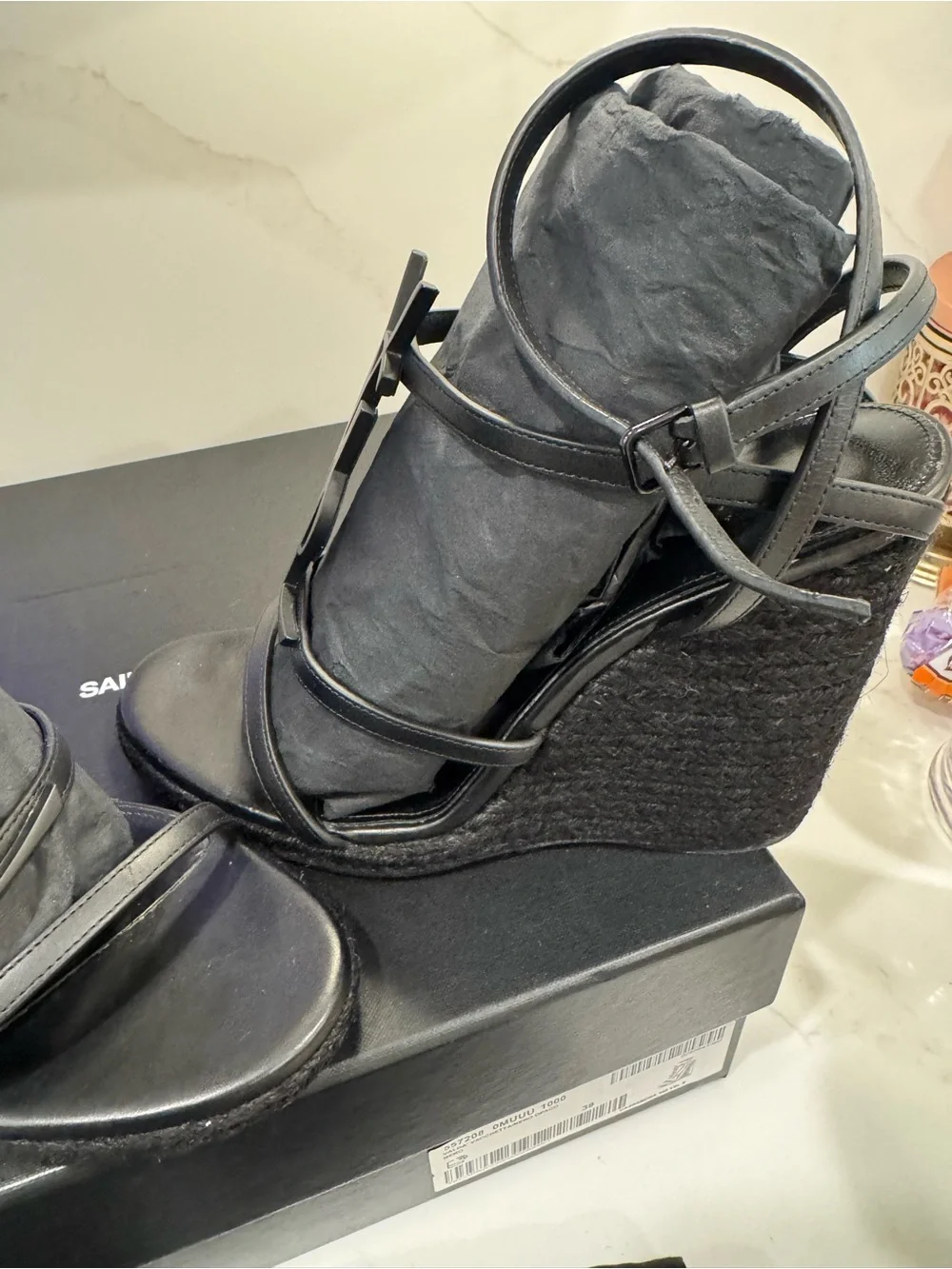 Yves Saint Laurent Black Logo Espadrille Sandals